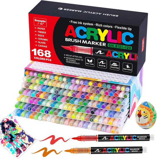 JRQ 168 Colors Acrylic Paint Markers, Brush Tip Acrylic Paint Pens for Wood Rock Glass Canvas Stone Fabric Glass Metal Ceramic Canvas DIY Crafts Art Supplies Kids Gifts