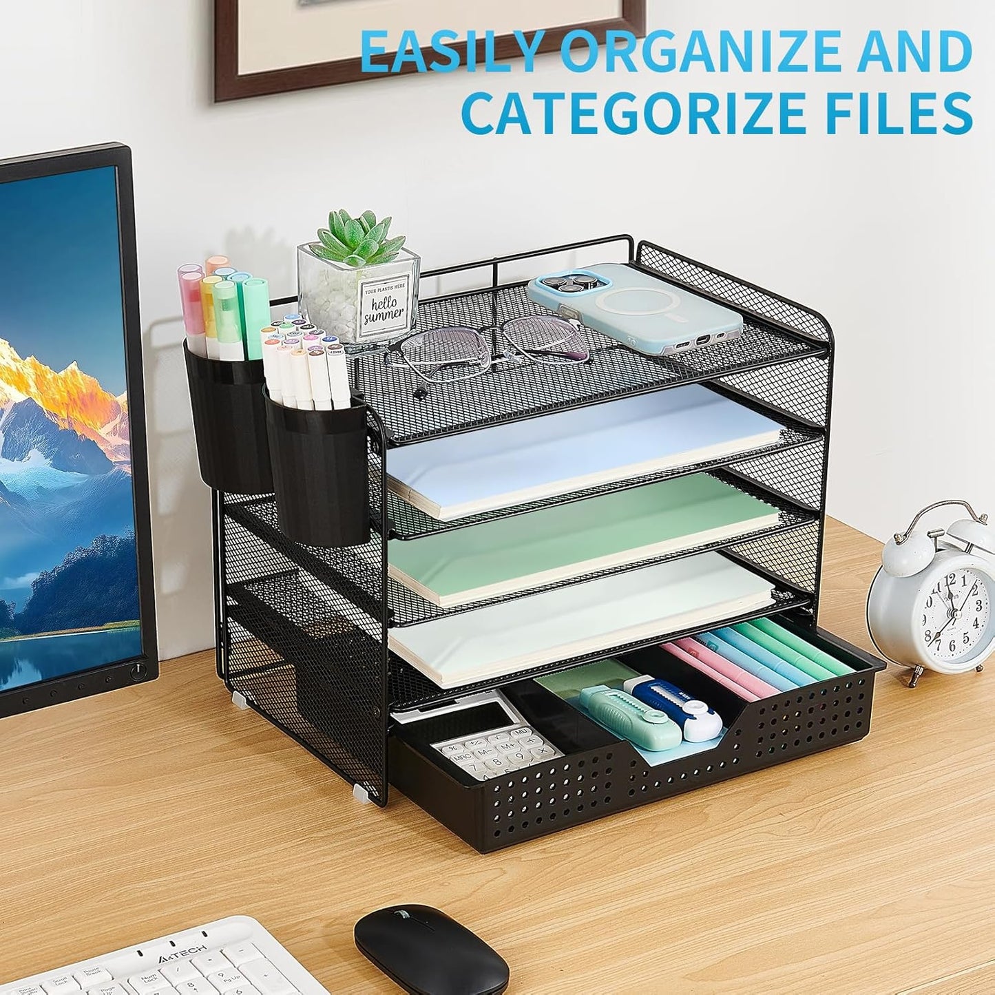 5-Tier Paper Organizer Letter Tray with Drawer & 2 Pen Holders, Desk Organizer and Accessories for Desktop File Workspace Organization, Office Desk Accessories Office Supplies Storage (Black)