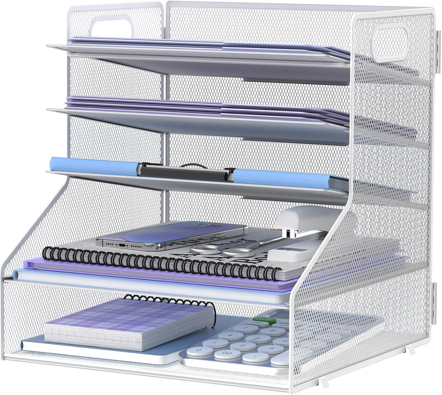 SUPEASY 5-Tier Desk File Organizer, Metal Letter Paper Tray, Desk Organizers and Accessories for Home Office Supplies, White