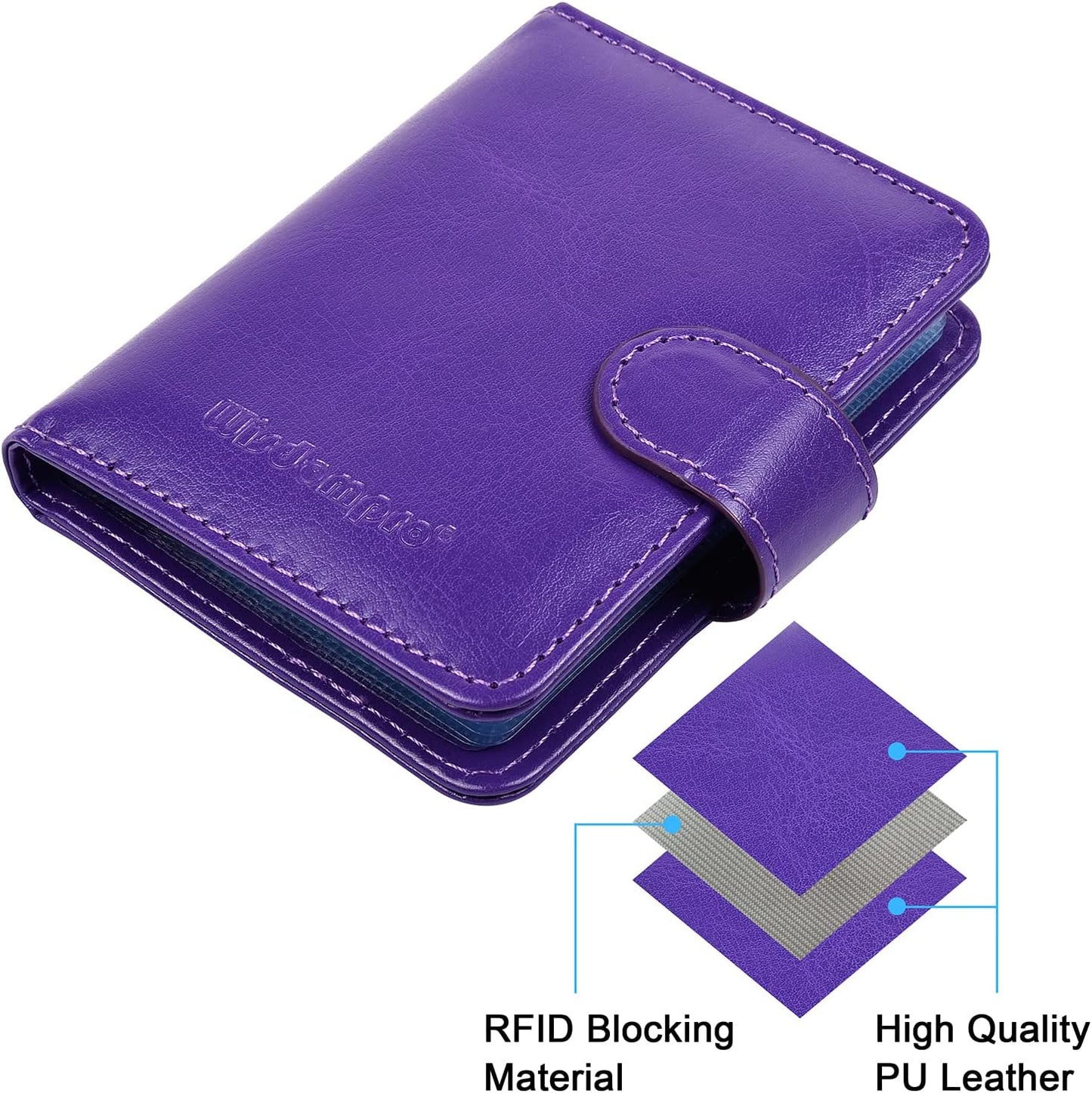 Wisdompro Credit Card Holder, PU Leather Slim RFID Blocking Debit Card Protector Wallet Organizer Case with Magnetic Shut (Build in 20 Card Slot & 7 Small Cells for Memory Cards)-Vertical Purple