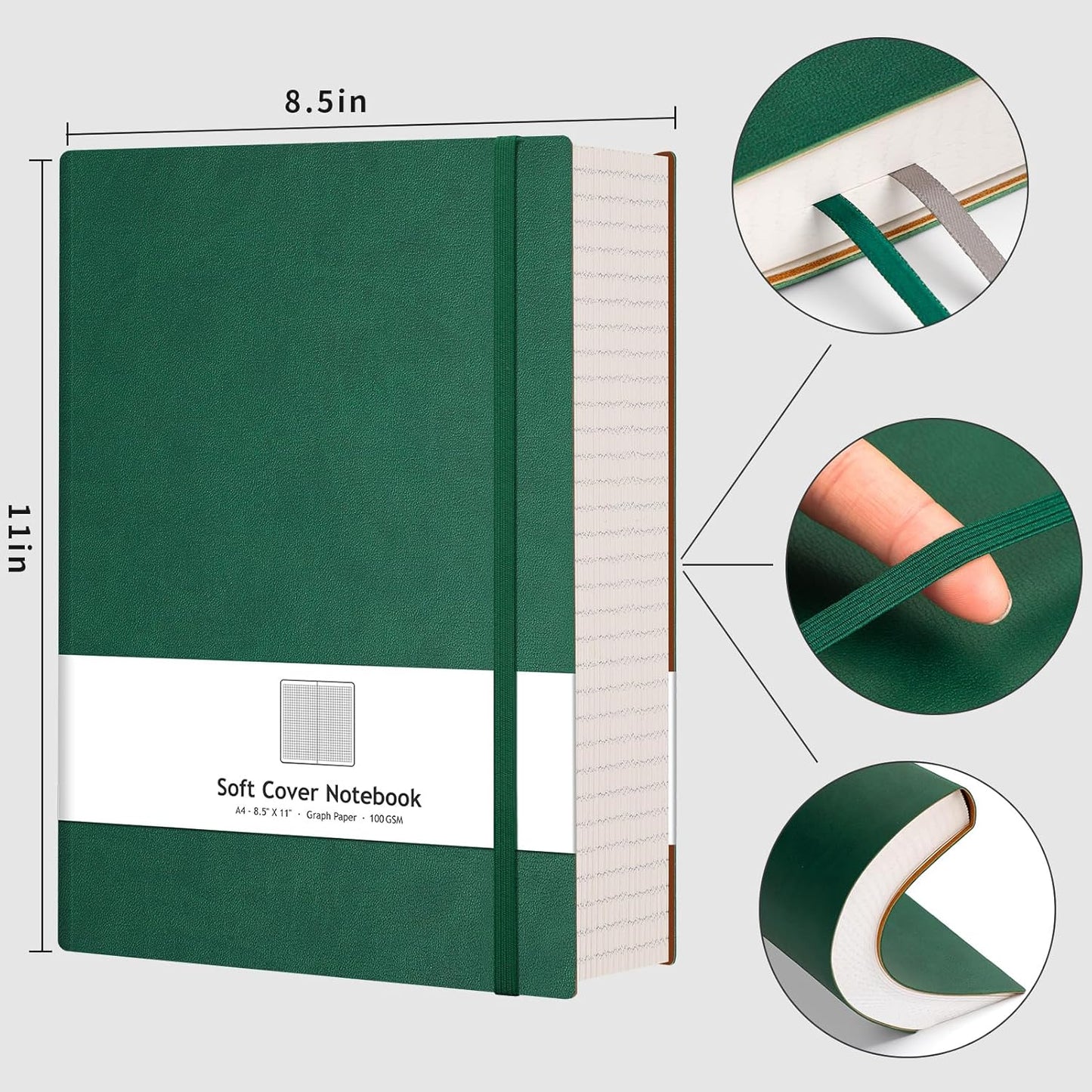 AHGXG Graph Paper Notebook - Grid Paper Notebook Large A4 8.5''×11'', 320 Pages Thick Journal, 100gsm Thick Graph Paper, Leather Softcover, Inner Pocket - Green
