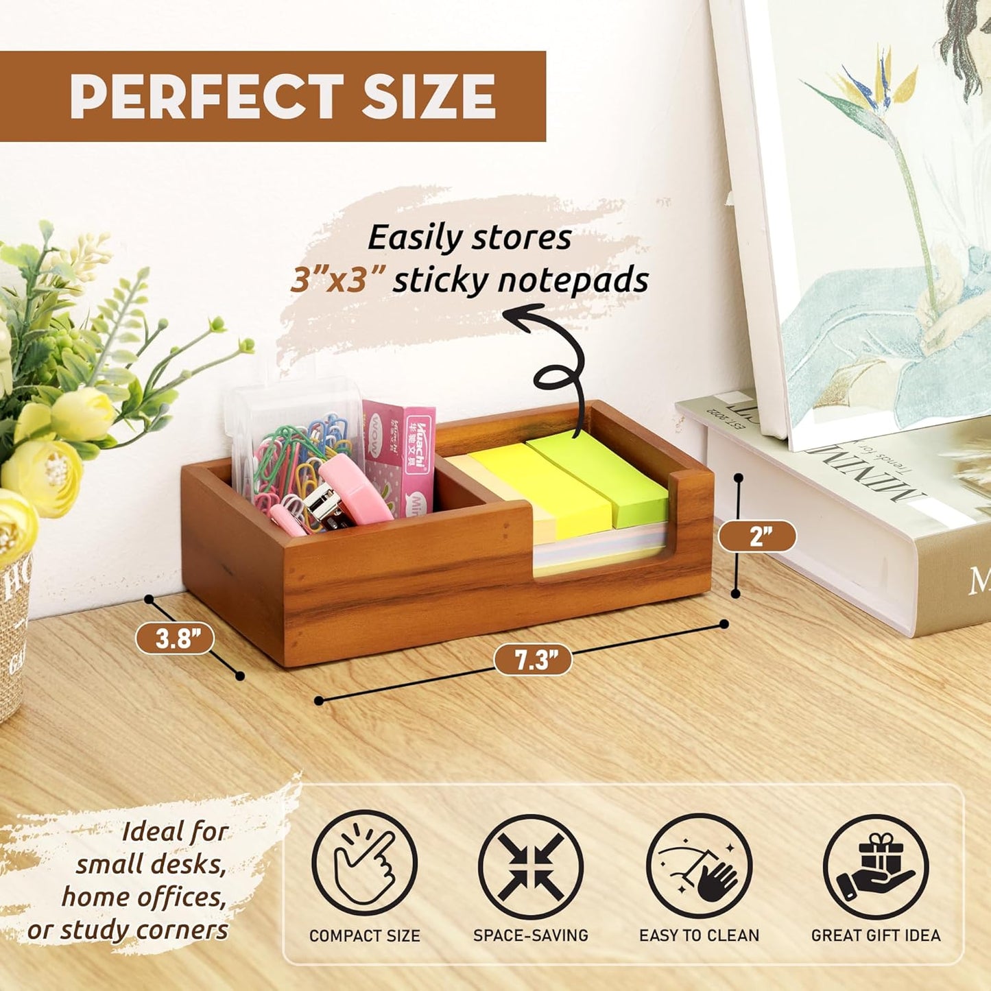 Wooden Sticky Note Holder for Desk – Solid Acacia Wood Organizer for 3x3 Note Pads, Paper Clips, Office Supplies – Compact Memo Pad Holder for Home Office, Teachers