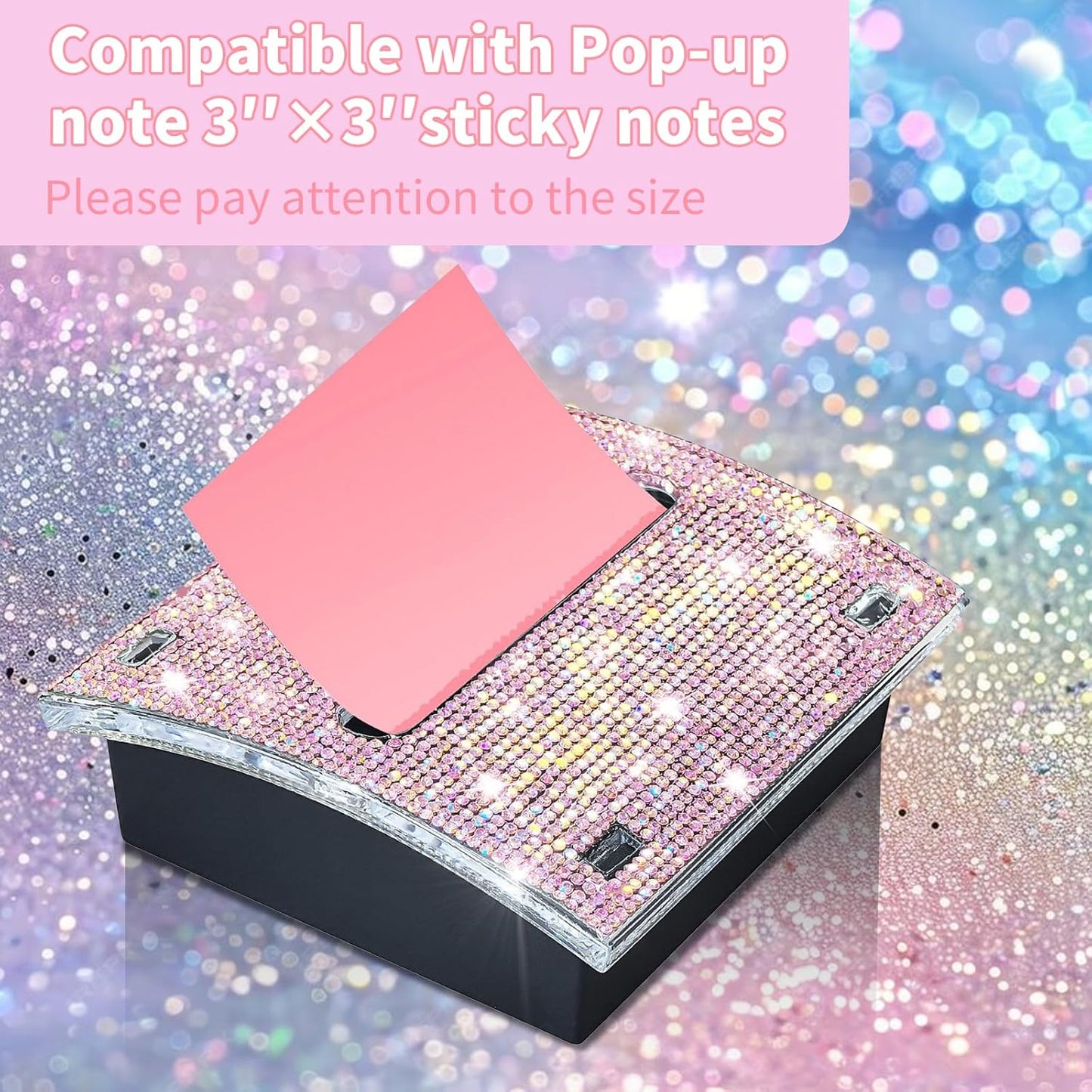 Rhinestone Self Sticky Note Holder Post it Note Dispenser Pop-Up Sticky Notes Dispenser 3 x 3 inch Post it Dispenser for Office Desk Accessories(Pink)