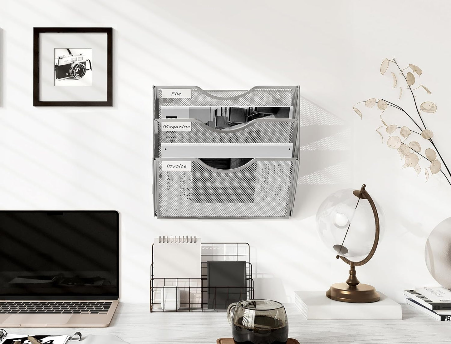 EasyPAG Wall File Holder Organizer 3 Pocket Mesh Hanging Wall Mounted Document Paper Folder Filing Magazine Rack with Nametag Label for Office Home School, Sliver