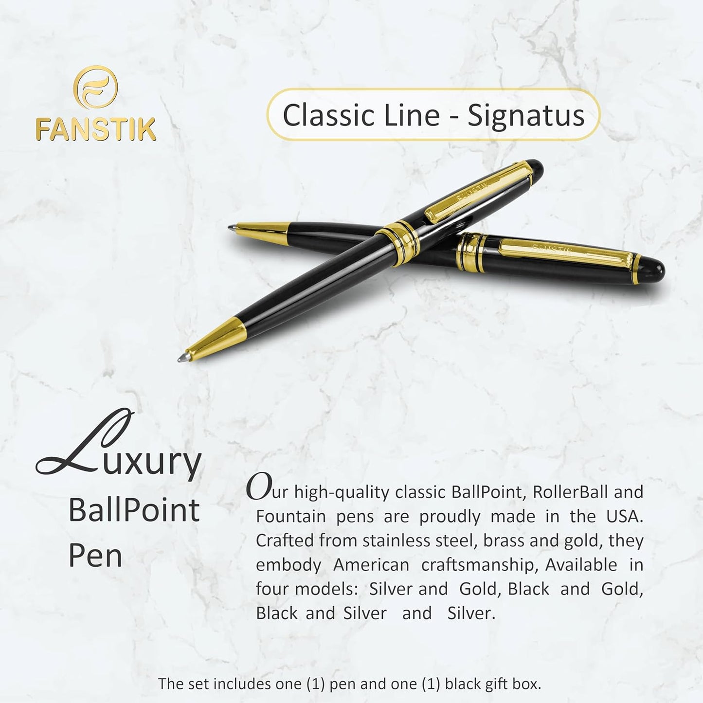 Customized BallPoint pen with name (MADE IN USA), stainless steel, black and gold, luxury engraved pen personalized for men and for women. (BallPoint Black-Gold)