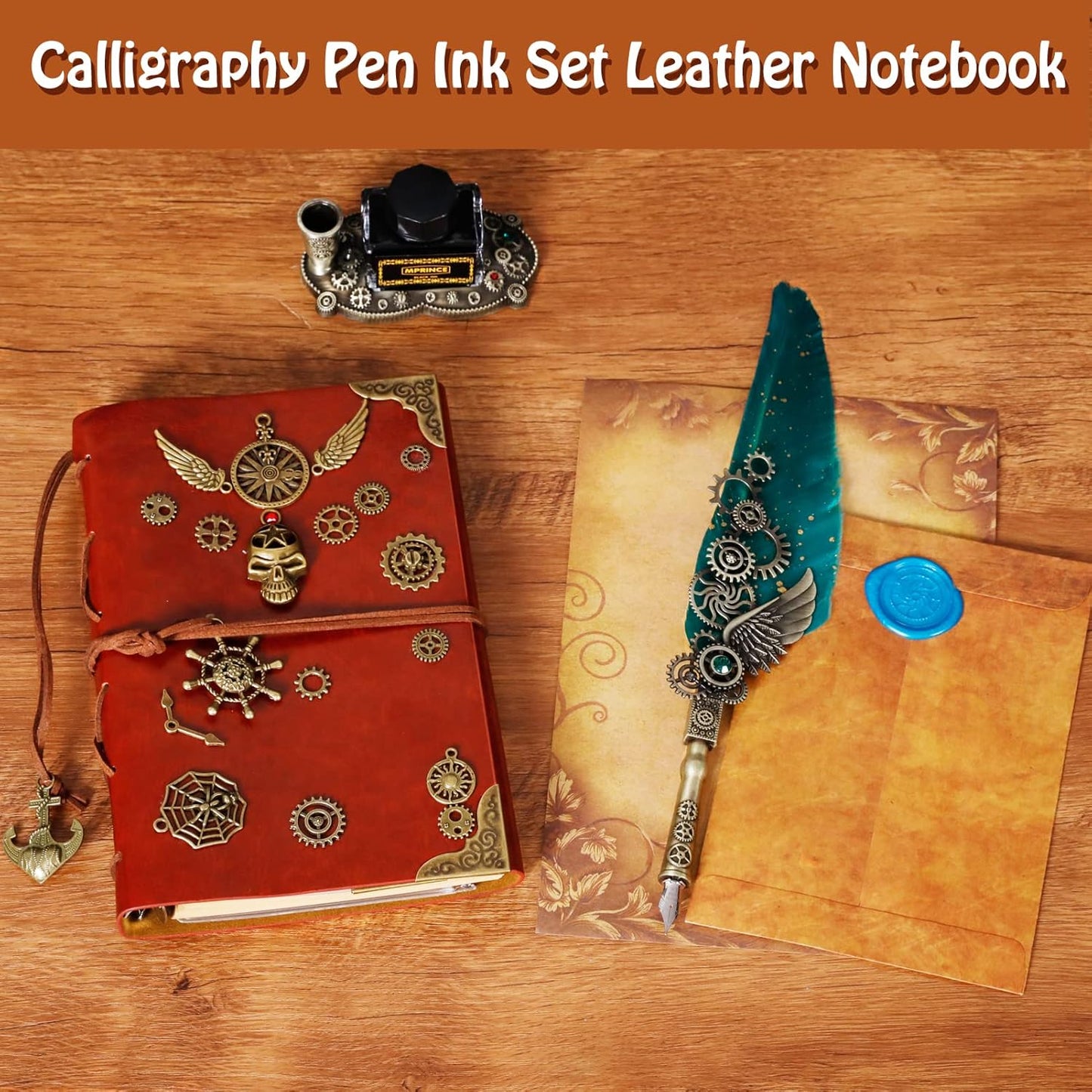 Aifeiter Quill Pen Ink Set Leather Notebook With Quill Pen,Notebook, 5 Replaceable Nibs,Seal Stamp,Spoon,Wax Beads,White Wax, Ink,Pen Holder,Cup,Envelope,Letter Paper,Envelope Tool(green)