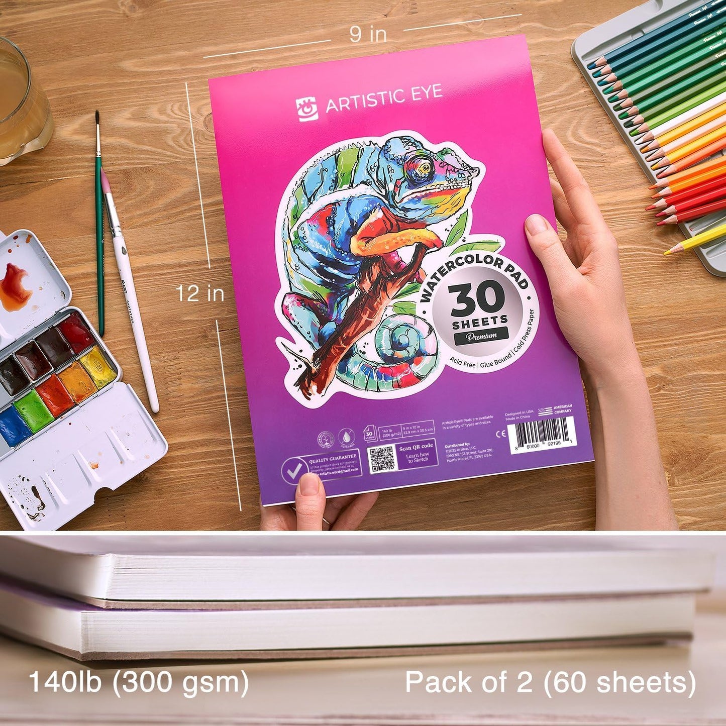 ARTISTIC EYE 9x12” Premium Watercolor Pads, Pack of 2 (60 Sheets), Glue Bound, 140lb (300gsm), Acid-Free Paper, Perfect for Most Wet & Dry Media, Ideal for Beginners, Artists & Professionals