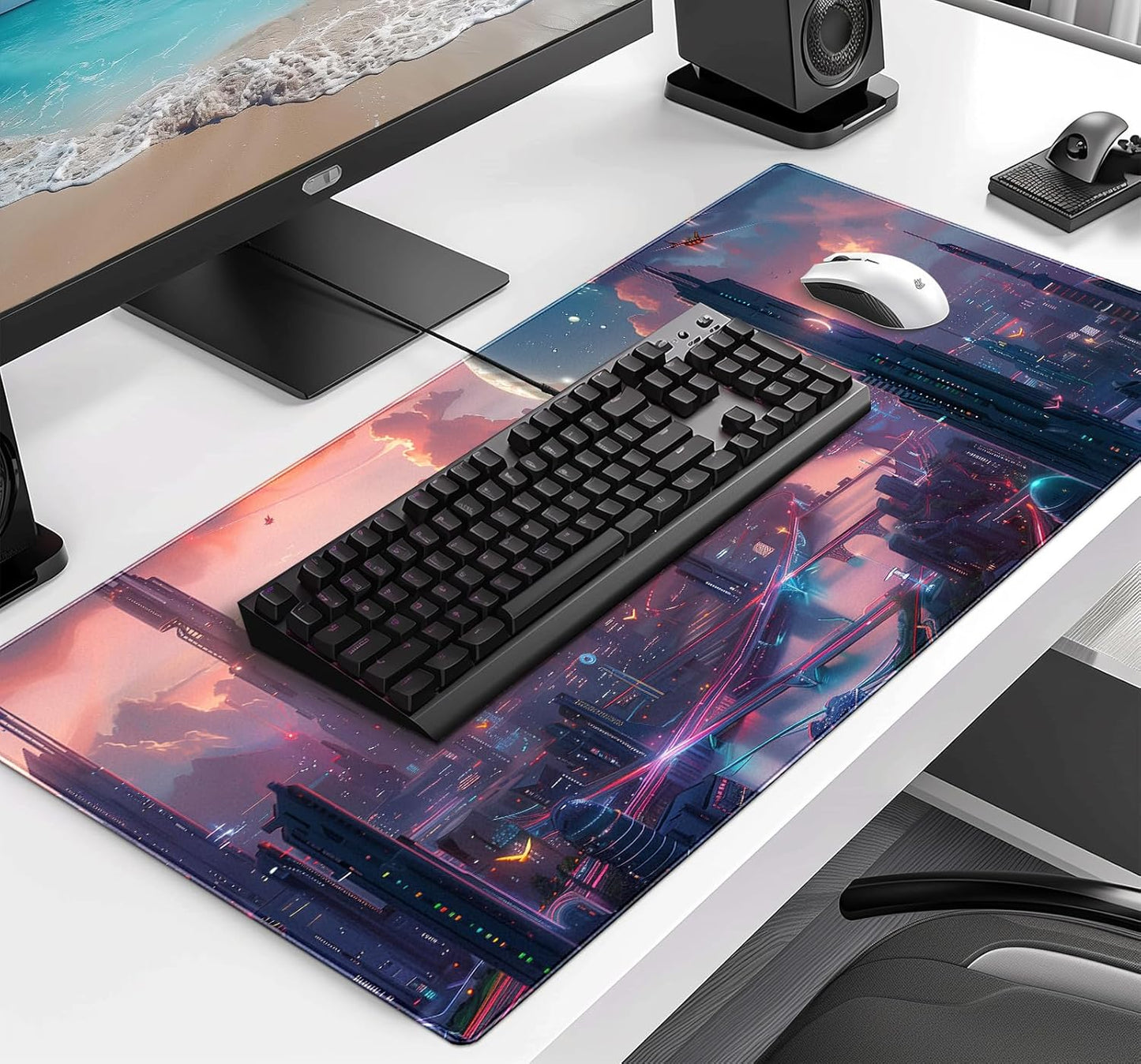 Digital Anime City Night View Office Art Desk Mat, Female Aesthetic Style Oversized Stitched Edge Laptop Keyboard Desk Mat 35.4 x 15.7 x 0.12 Inches