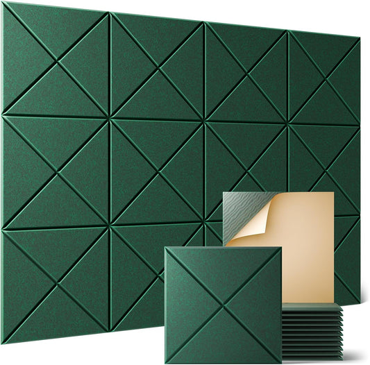 Sonicism 12 Pack X-Lined Acoustic Panels with Self-Adhesive, 12"X 12"X 0.4" Sound Proof Foam Panels, Decorative Soundproof Wall Panels, Sound Absorbing Tile for Home & Offices, Dark Green