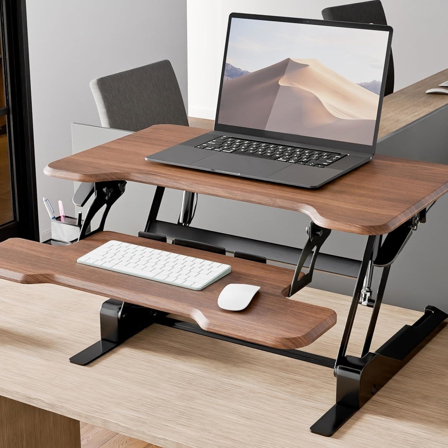 Mount-It! Height Adjustable Standing Desk Converter, Compact 30” Wide Tabletop Standing Desk Riser with Gas Spring, Desktop Stand Up Workstation with Keyboard Tray Fits Monitor or Laptop, Dark Walnut