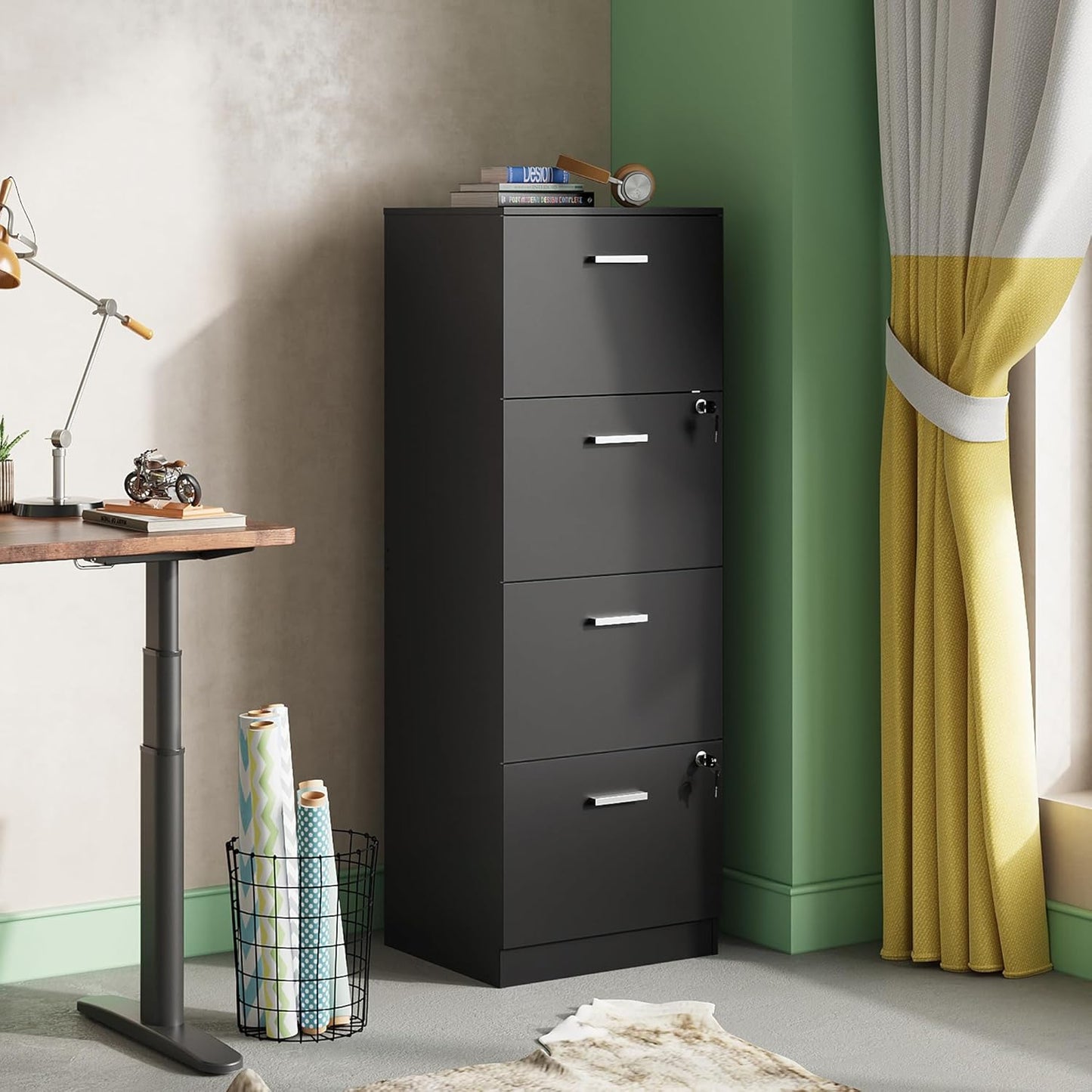 DEVAISE 4 Drawer File Cabinet with Lock, Vertical Filing Cabinet for A4/Letter Size Files, Wood Storage Organizer for Home Office, Black