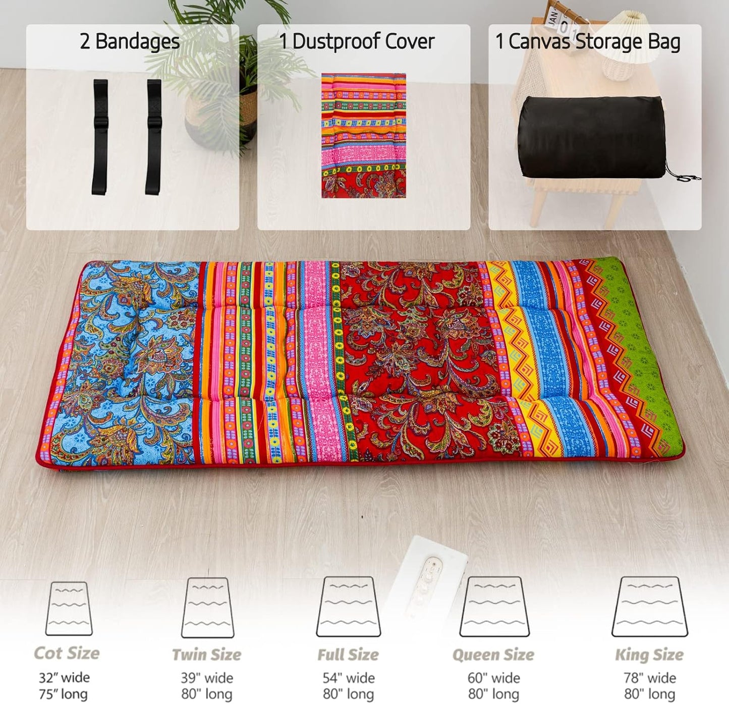 MAXYOYO Cot Mattress Bohemian Floor Bed, Japanese Floor Mattress Narrow Twin Futon Single Bed for Adults, Foldable Roll Up Camping Cot Mat