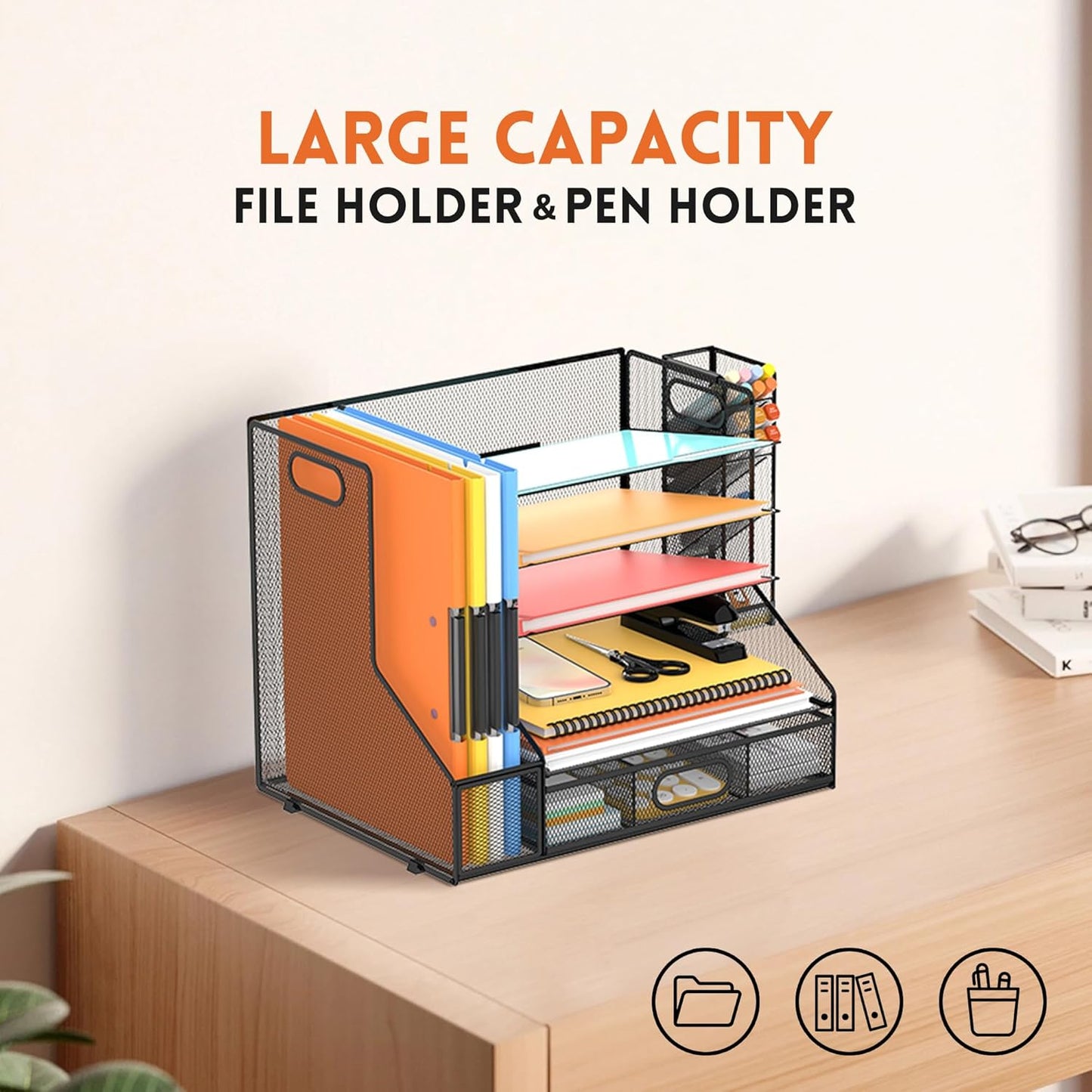 DALTACK Mesh Desk Organizer, 5-Tier Paper Letter Tray with File Holder & Pen Holder & Sliding Drawer, Desktop Organizer and Storage for Desk Accessories Office Supplies, Black