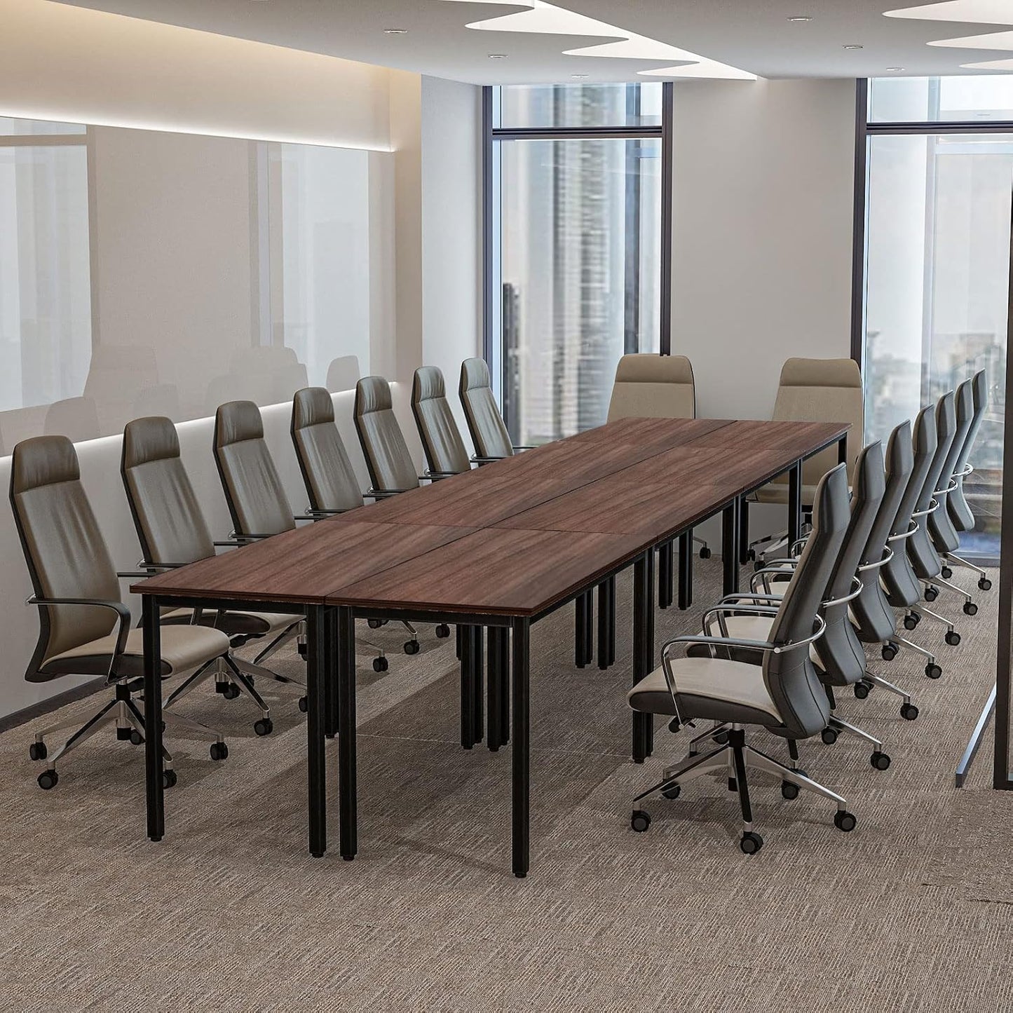 Bonzy Home Conference Tables 18ft Office Computer Desk for Meeting Room Study Writing Printer Table Meeting Seminar Table for 20 People Rustic Vintage Walnut 8PCS 220.4"x47.2"x29.5"