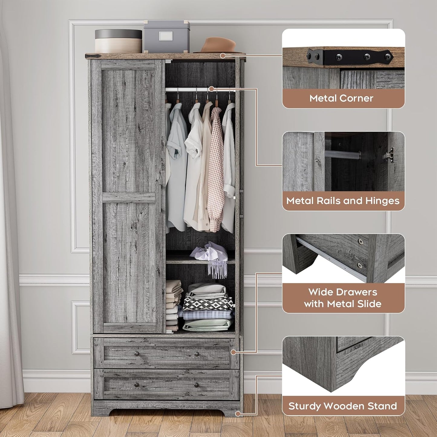 Brafab Armoire Wardrobe Closet with 2 Modern Doors, 71" Tall Freestanding Closet Wardrobe Cabinet with Drawers and Hanging Rail, Light Wooden Storage Cabinet with Shelve for Bedroom (Grey, 4 Doors)