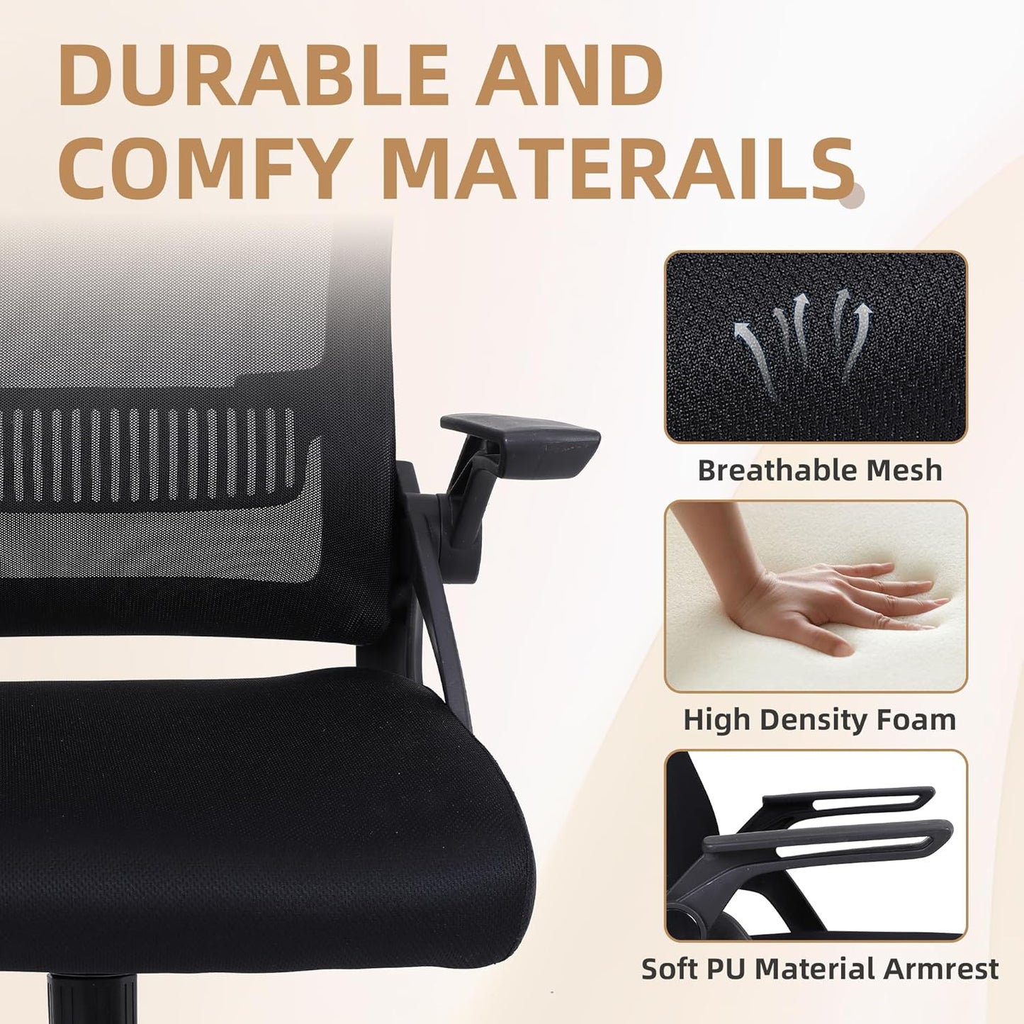 Office Chair, Ergonomic Desk Chair with Lumbar Support, Breathable Mesh Chair with Flip-up Armrests and Mid Back, Comfy Task Computer Height Adjustable Swivel Chair (1, Black)