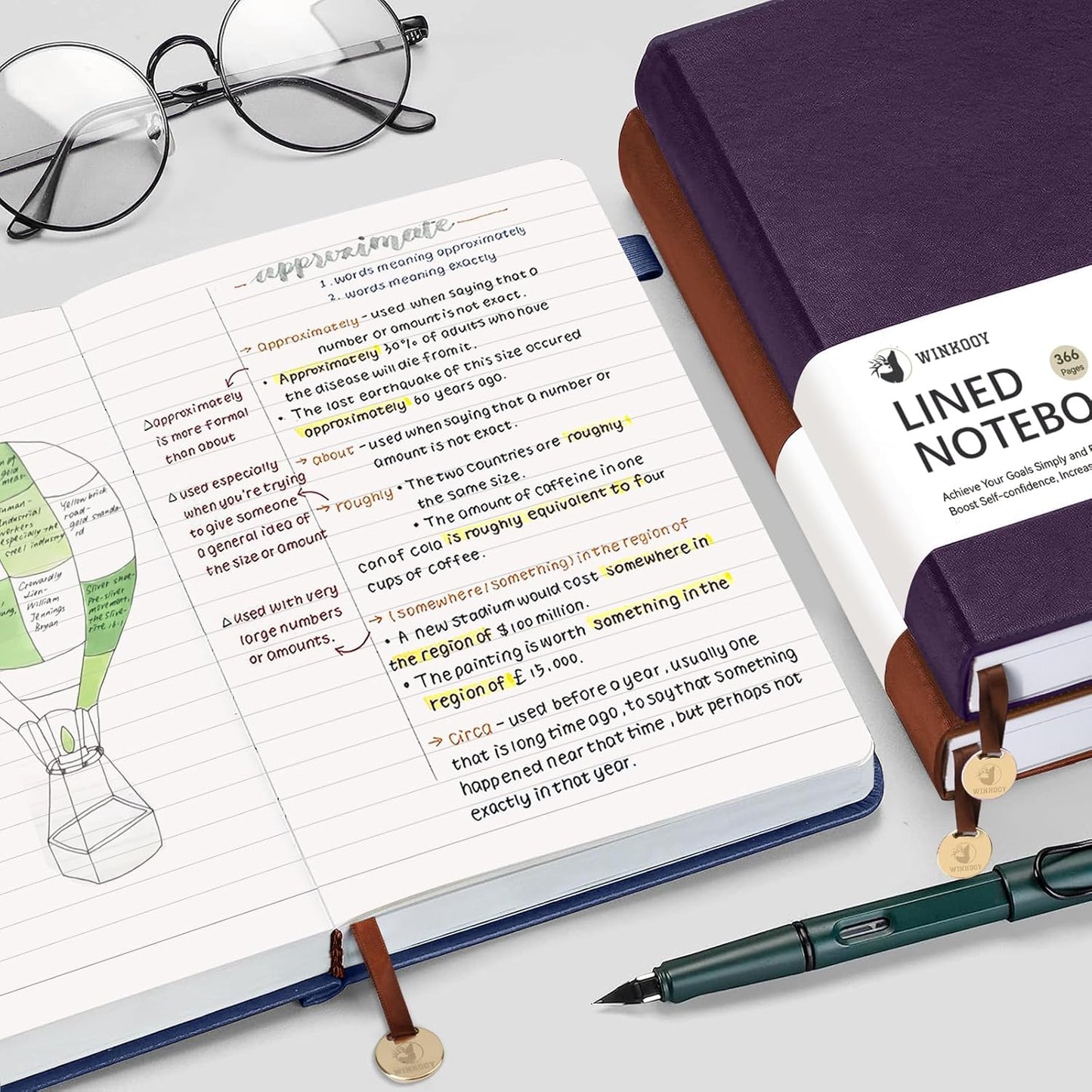 Lined Journal Notebook, 366 Pages, 100Gsm Leather Hardcover Journals for Writing Thick A5 College Ruled Classic Notebook with Pen Loop, Daily Journal for Women Men Travel Business Work Office