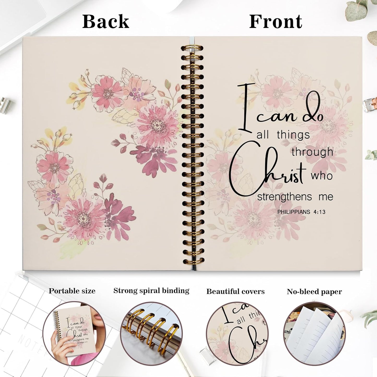 Bible Notebook, A5 Spiral Christian Journal with Pink Floral Notebook, Bible Verse-I Can Do All Things Through Christ Who Strengthens Me, Inspirational Notebooks for Women, Gift for Birthday Christmas