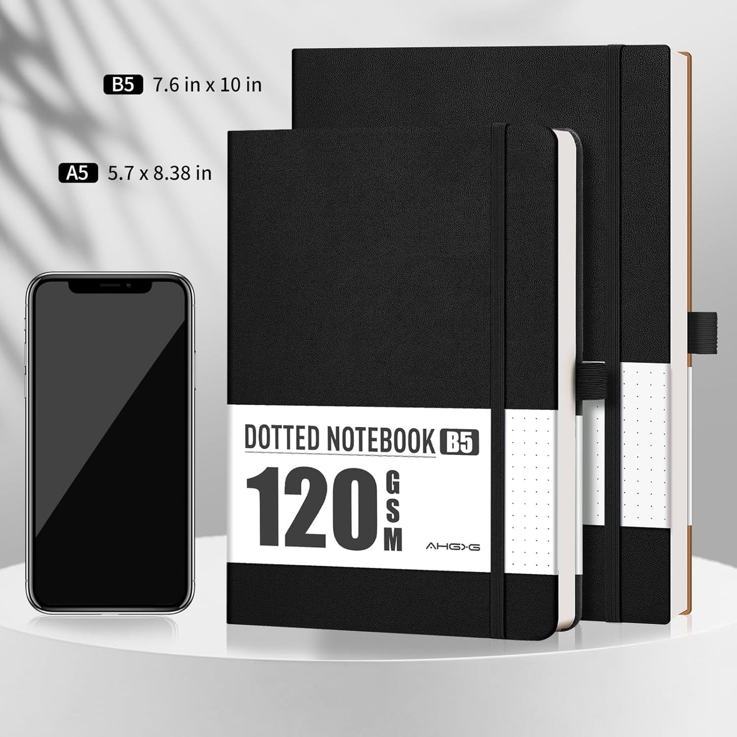 AHGXG Bullet Dotted Journal - Dot Grid Notebook Journal, 120 GSM Thick Acid-Free Paper, Large B5 Dotted Notebook 96 Pages, Leather Softcover, Inner Pocket, Journal Stencil, 7.6'' X 10'' - Black