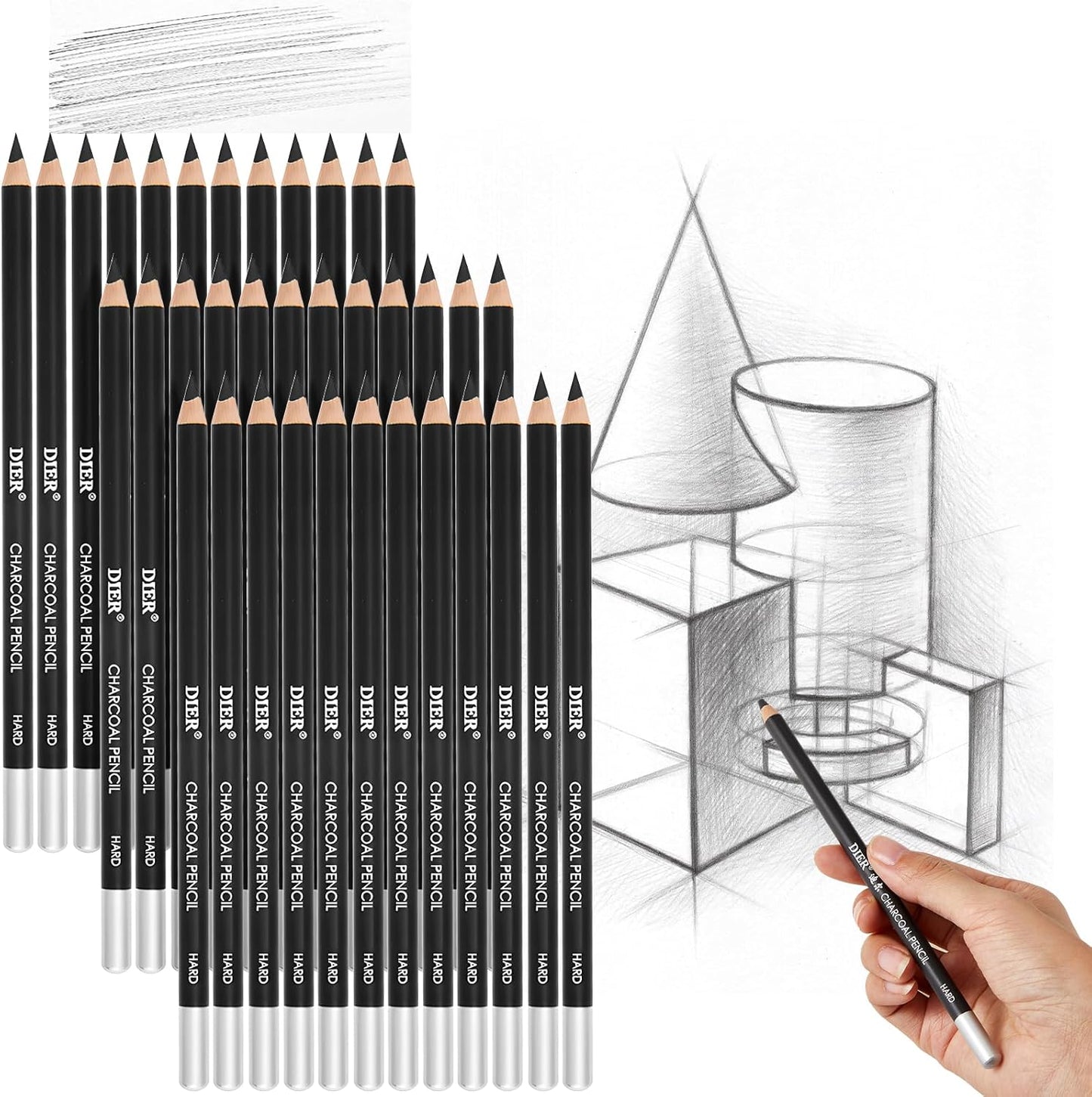 Geyoga 36 Pcs Professional Charcoal Pencils Soft, Medium and Hard for Drawing Charcoal Pencils for Sketching Shading Drawing Blending Portrait(Black, Hard)