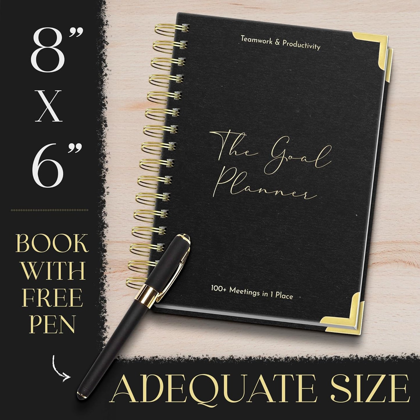 Marjan International Meeting Notebook for Work with Black Pen – 100gsm Thick Paper, Professional Planner Notebook for Work, To Do List Organizer, Business Journal, Office Work Notebook