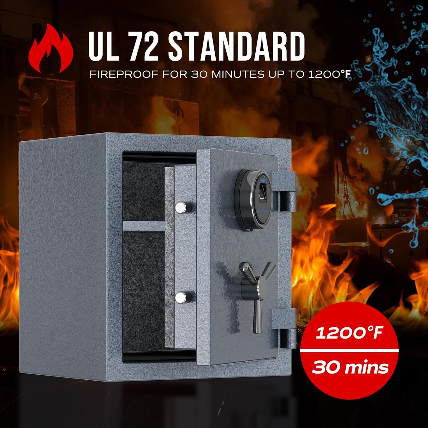 RPNB Deluxe Biometric Safe Box,Digital Fingerprint Fireproof Waterproof Safe with Touch Screen,Removable Shelf and 3 Spoke Handle,Home Safes for Cash Documents Jewelry,0.84 Cubic Feet,Gray