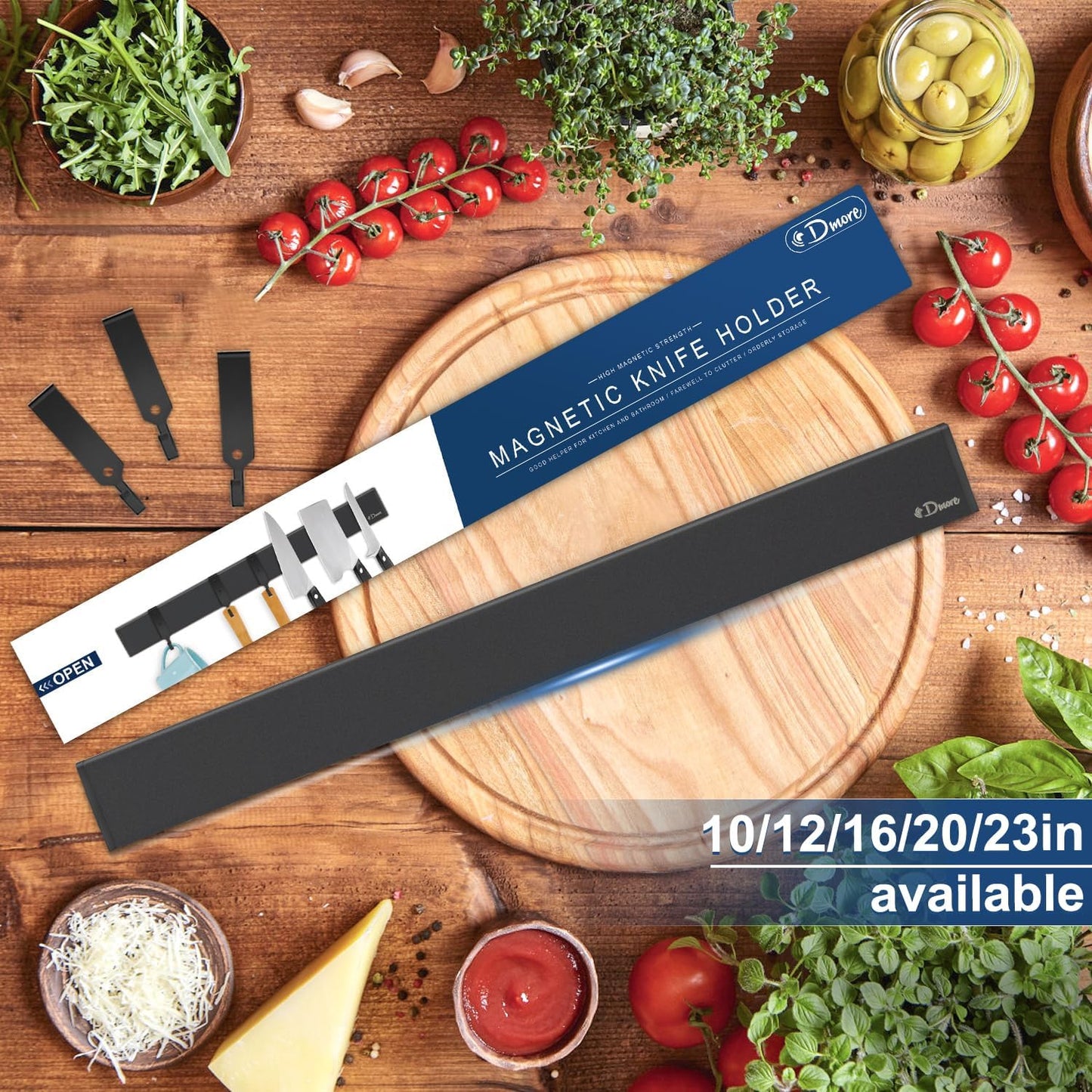 Dmore magnetic knife holder for wall—with 3 hooks, No Drilling 16 Inch black knife magnetic strip, Powerful knife magnet rack, include Adhesive Tape and screws for Knives, Utensils, and Tools