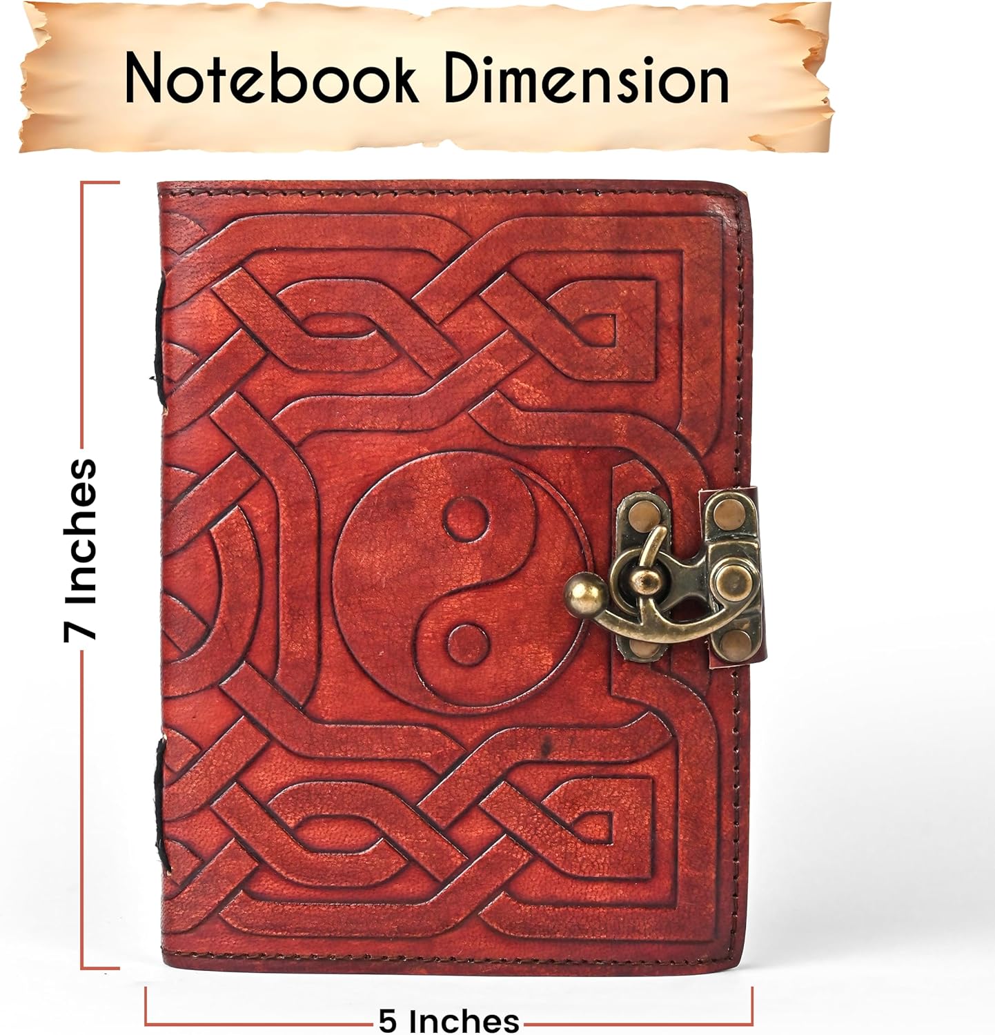 Yin & Yang Vintage Leather Journal with Antique Clasp Lock – 200 White Page Antique Deckle Edge Leather Bound Notebook – 5"X7" Notebook Journal for Writing, Drawing, Home, Office, Travelling (Brown)