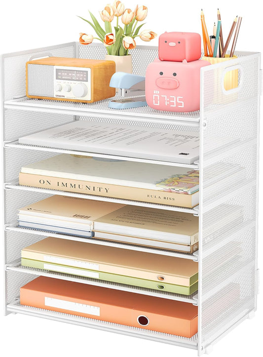 Subekyu 6 Tier Paper Organizer for Desk with Handle, Metal Mesh Desk Office File Folder Paper Letter Tray Accessories Organizer Sorter for Home, School, Office Desktop Document Organization - White