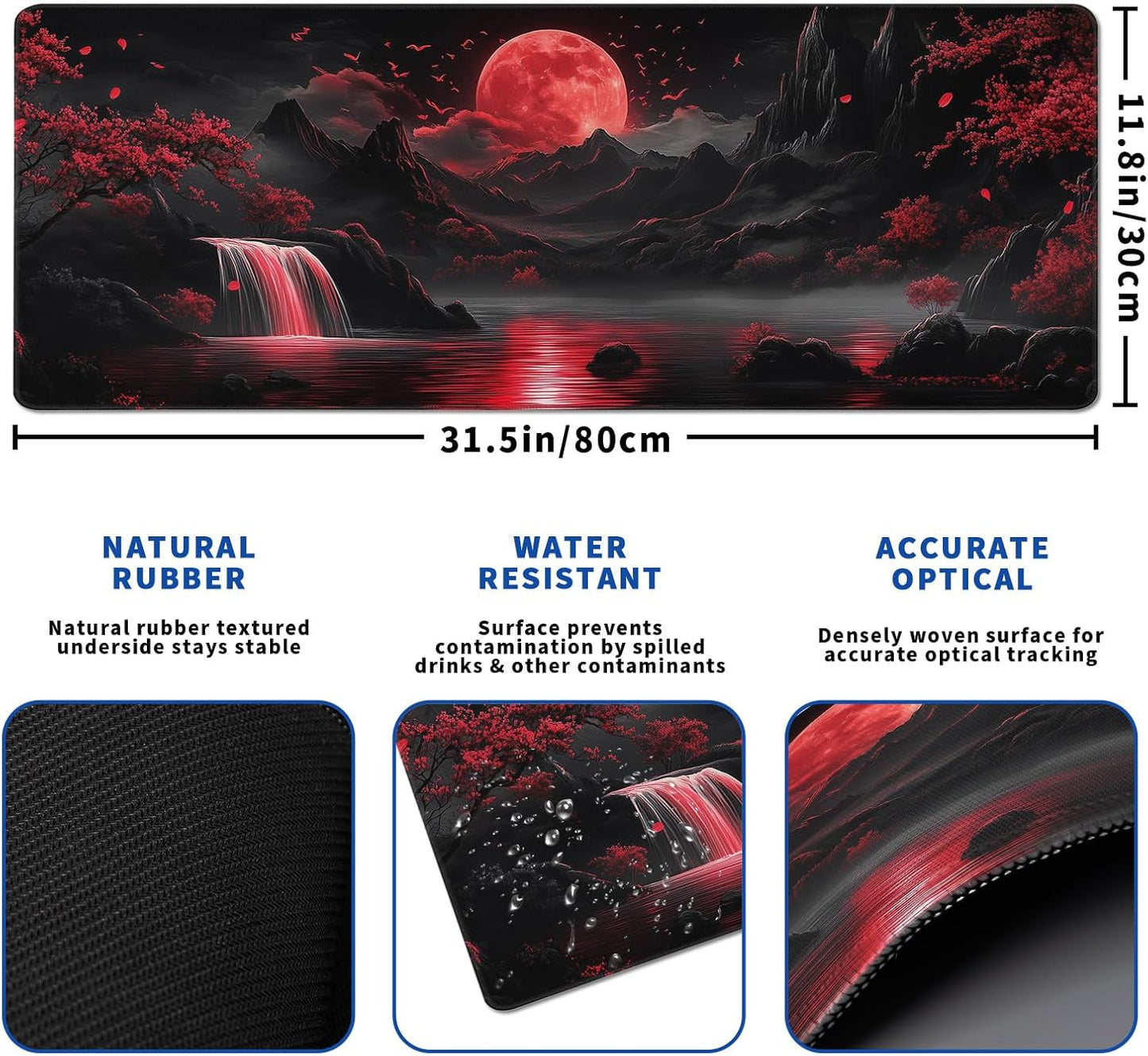 Darkness Red Moon Mouse Pad Abstract Red Mouse Pad 31.5x11.8 Inch Non-Slip Rubber Base Large Mousepad Stitched Edges Keyboard Mouse Mat Desk Pad for Office and Home(2)