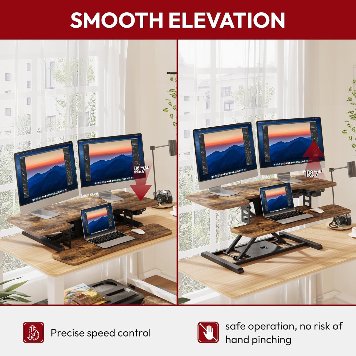 SANODESK Standing Desk Converter with Electric Motor 35" Height Adjustable Desk Riser for Office Home,Monitor and Laptop Workstation with Large Keyboard Tray,Rustic Color