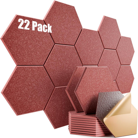 22 Pack Self-adhesive Acoustic Panels 12" X 10" X 0.4" - Sound Proof Foam Panels with High Density, Stylish Hexagonal Design, Flame Resistant, Absorb Noise and Eliminate Echoes(Red)