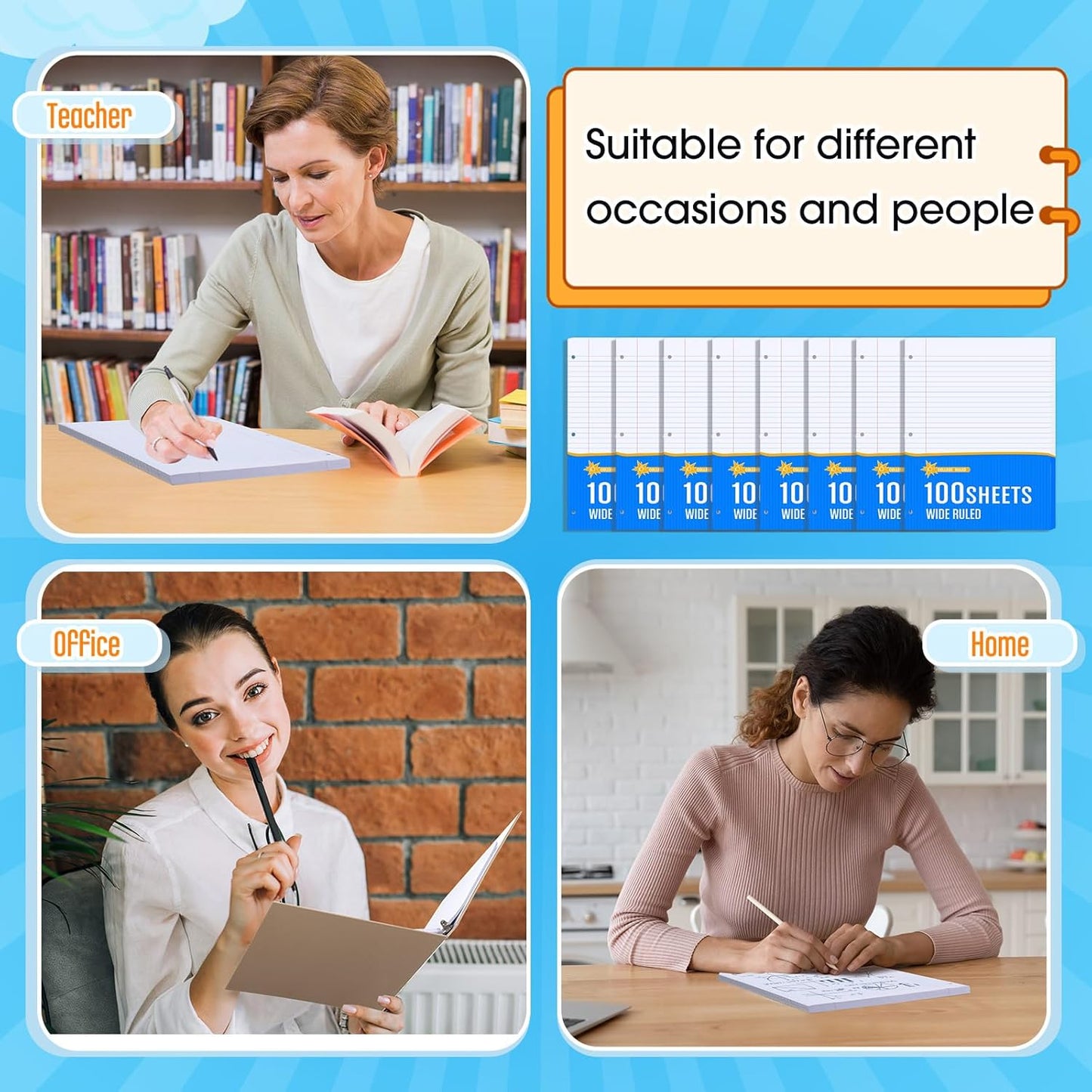 Fainne 20 Pack Notebook Paper Bulk Wide Ruled 8 x 10.5'' Wide Ruled Loose Leaf Notebook Paper Lined Filler for 3 Ring Binders for Office Notes Writing Binder Refill 100 Sheets Per Pack