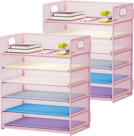 Marbrasse 2 Pack Desk Organizer with Handle, 6 Tier Paper Letter Tray, Mesh Desk File Organizer for Office, School and Home - Pink