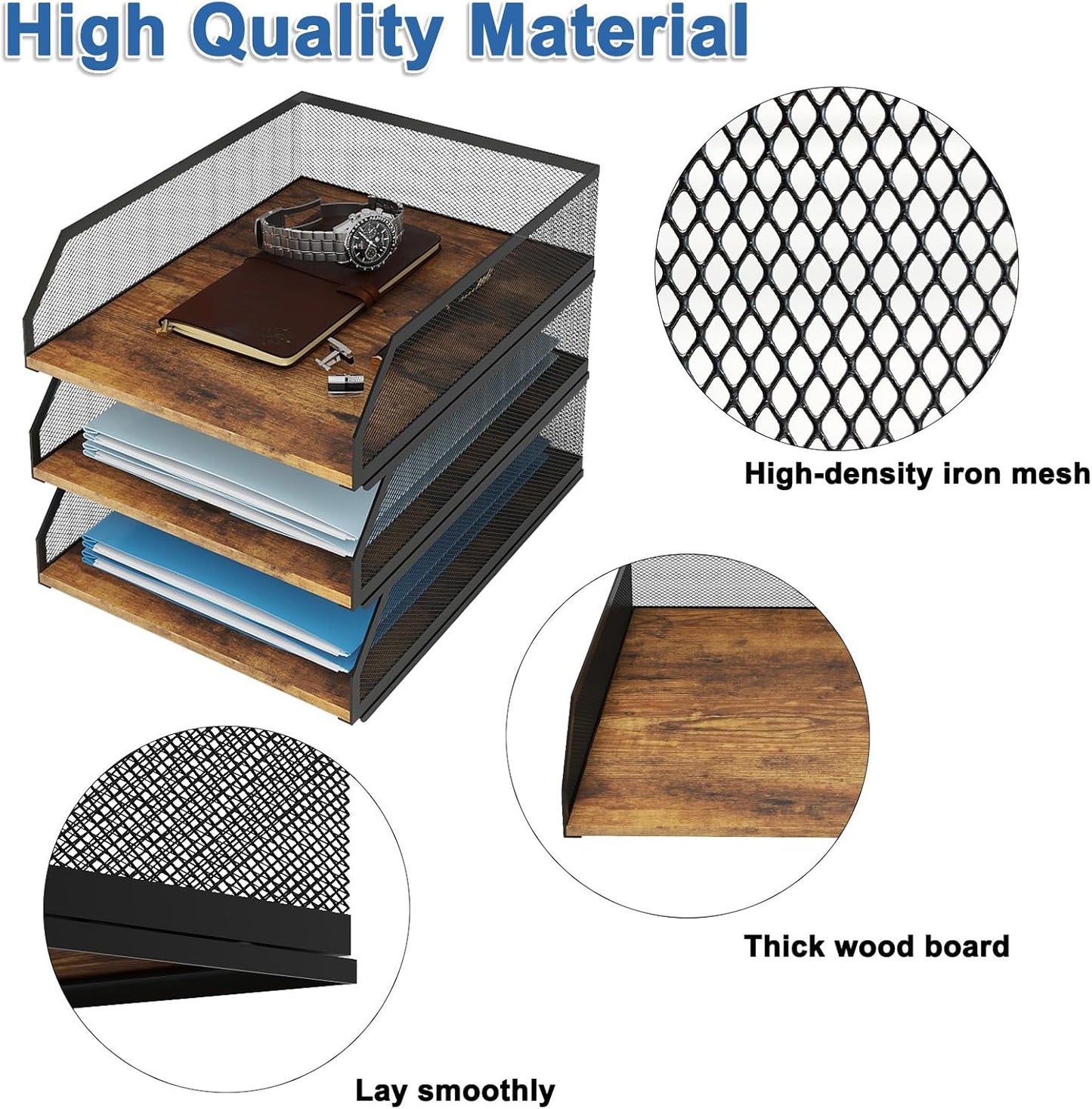 Natwind 3-Tier Stackable Paper Tray, Metal Mesh Desktop Organizer, Wood Board Paper Sorter, Letter Trays,File Document Storage Rack for for Home, Office, School (Retro)