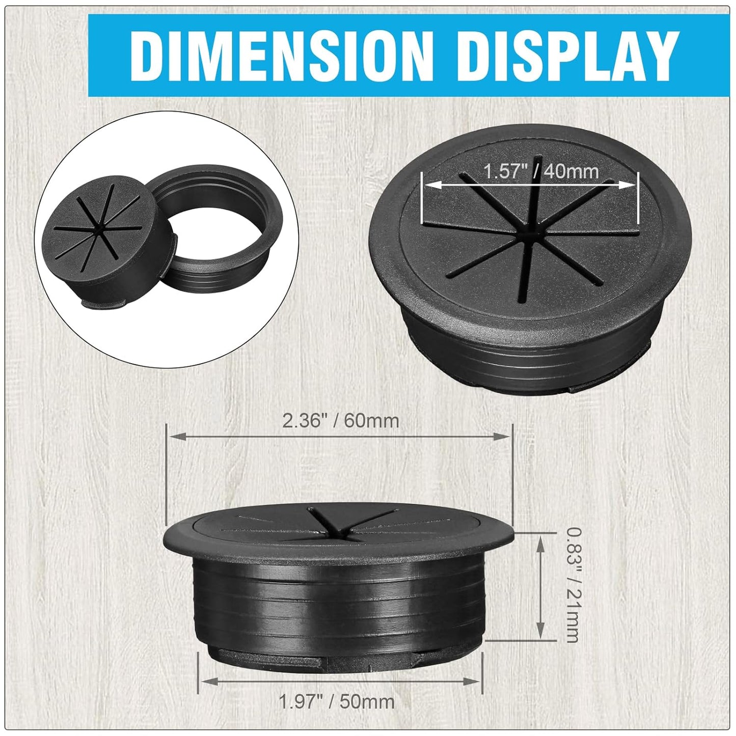 2" Black Desk Grommet, JTemgle Flexible Cable Grommet Plastic Cable Hole Cover Wire Organizer Caps Desktop Cord Management for Home Office TV Stands Tabletops, 2 Pieces