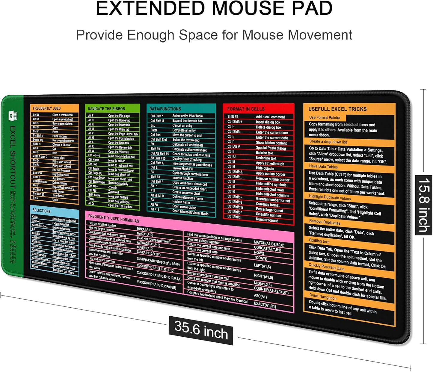 Auhoahsil Large Mouse Pad, XXL Gaming Mousepad, Desk Mat for Desktop, Thick Rubber, Big & Long Size, Stitched Edges, Full Desk Pad for Laptop & Computer, Extended 35.4 x 15.7 in, 01-Excel Shortcut