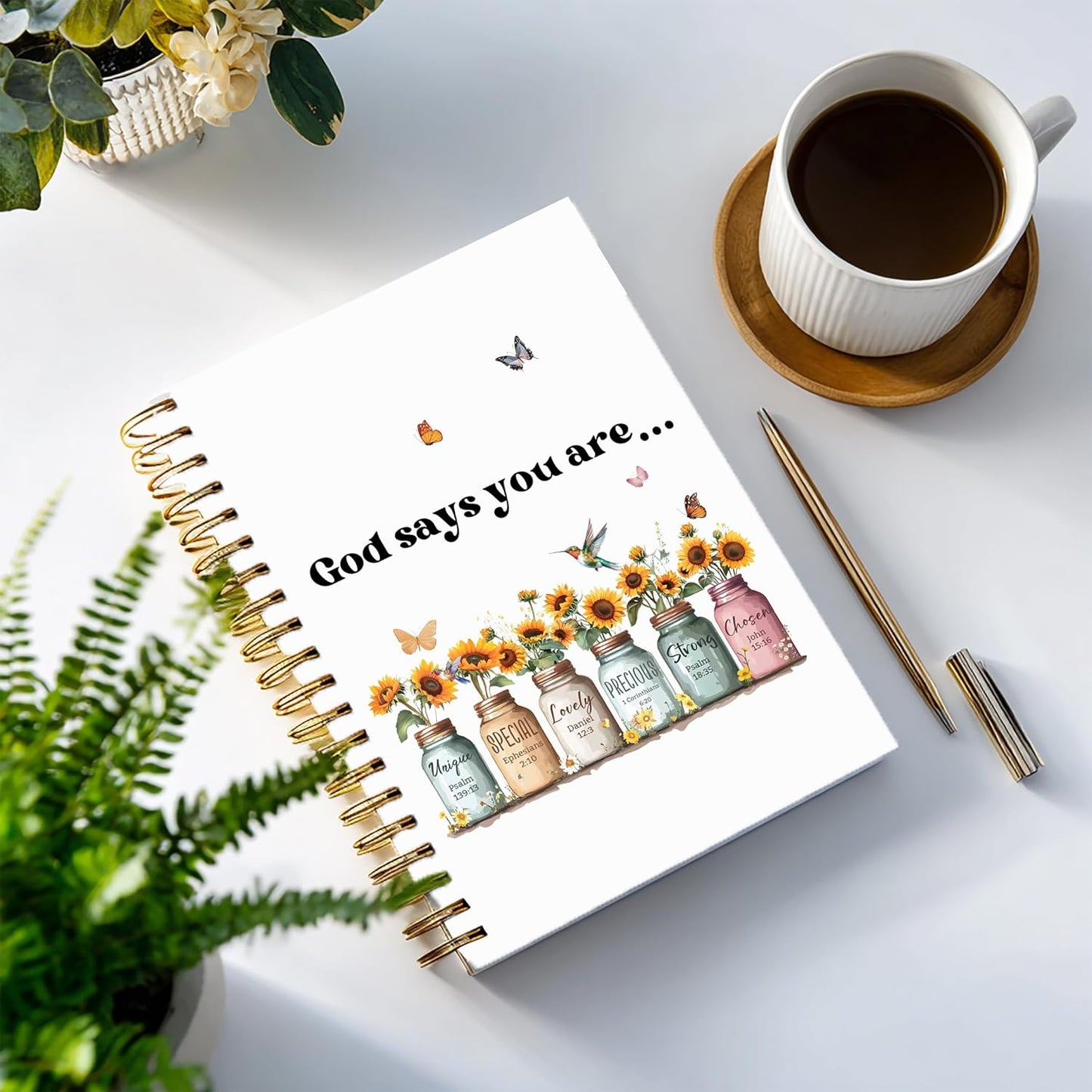 Bible Notebook, A5 Spiral Christian Journal with Sunflower Notebook, Bible Verse-God Says You Are, Inspirational Notebooks for Women, Bible Study, Gift for Birthday Christmas, Office Supplies