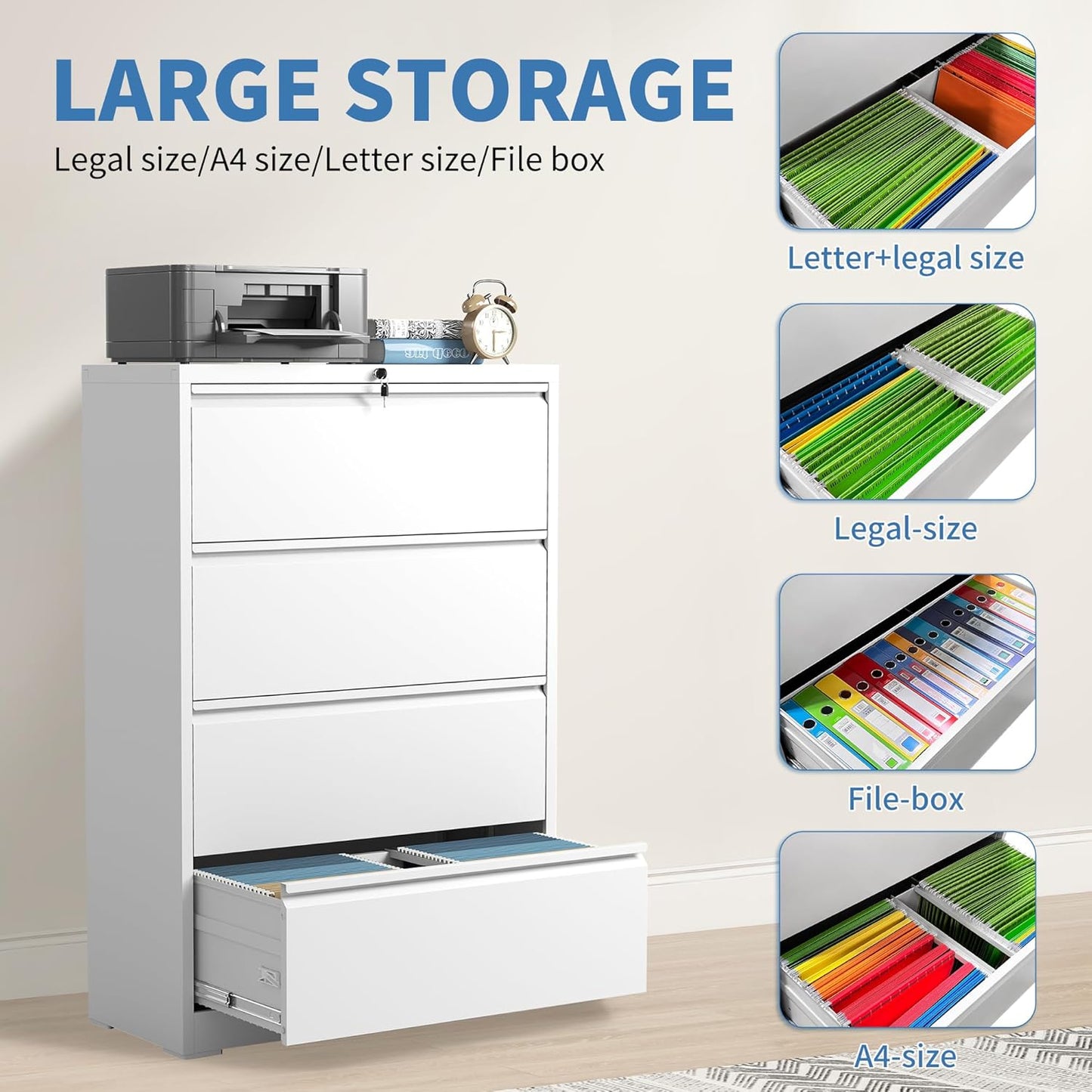 File Cabinets 4 Drawer,Metal Office Storage Filing Cabinet with Lock,White Lateral Filing Cabinet for Home Office,Horizontal Locking File Cabinets for Legal/Letter/A4,Assembly Require,White