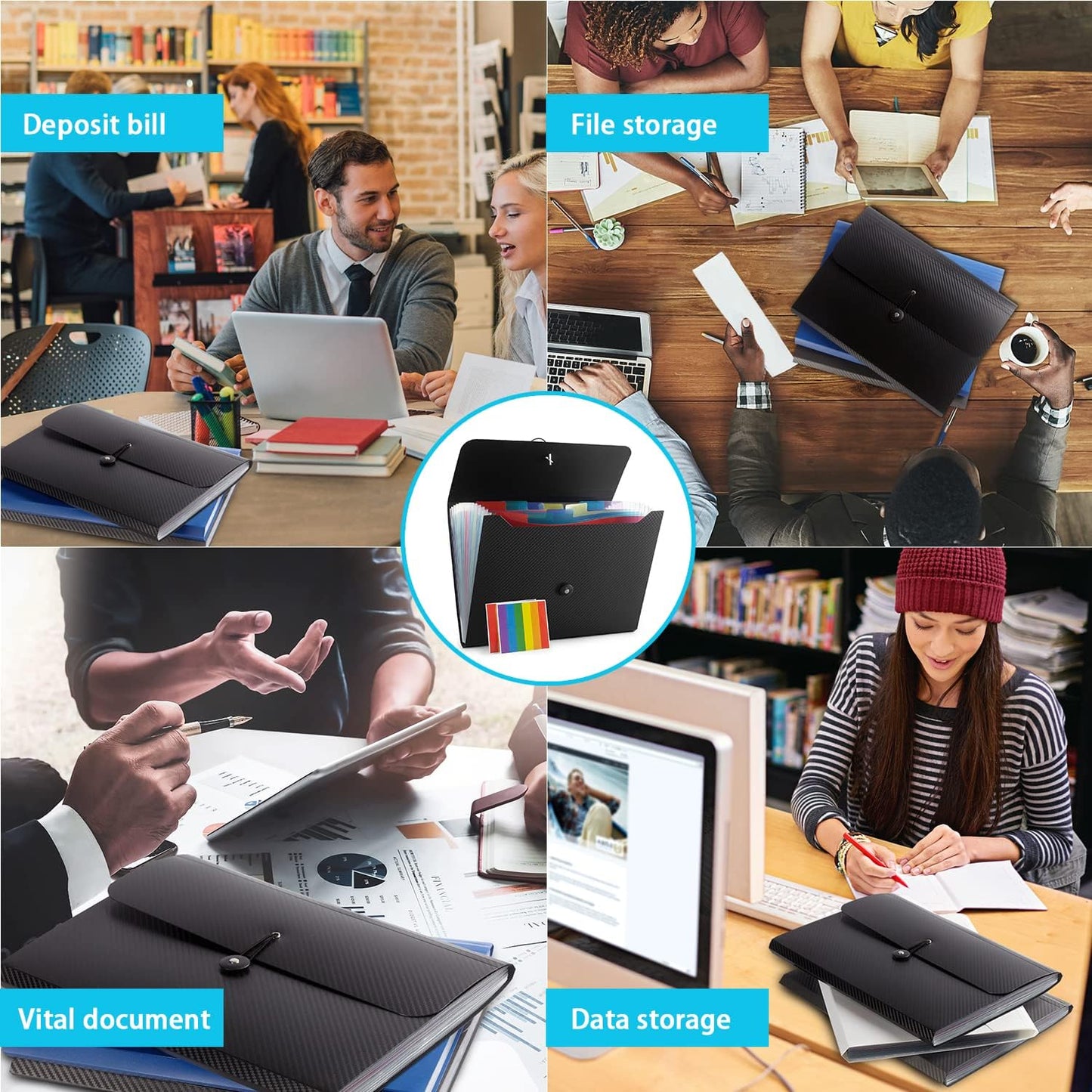 Expanding File Folder, 13 Pockets, White, Polypropylener,for Work, School, Home, Office