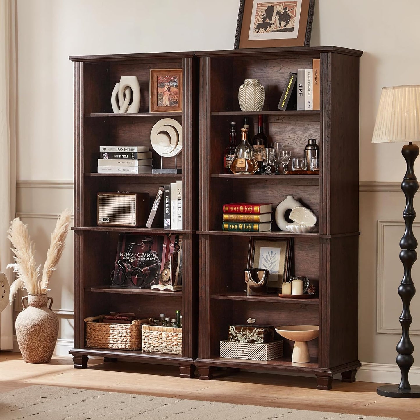 70" Tall Walnut Bookshelf,5 Tier Wooden Book Shelf with Adjustable Shelves & Wood Legs,Free Standing Farmhouse Bookcase with Open Display Storage,Vintage Bookshelves for Classroom, Office