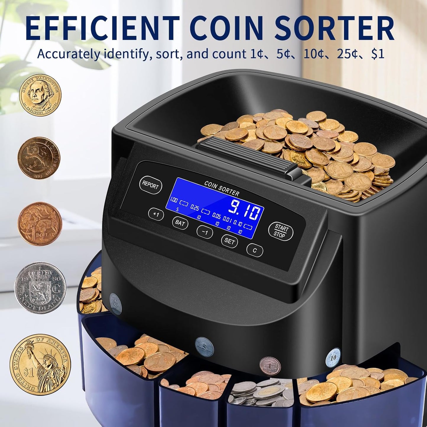 Coin Counter and USD Coin Sorter with LCD Display, Automatic Change Counter for 1￠ 5￠ 10￠ 25￠ $1, 270 Coins/min, 300-Coin Capacity, Coin Sorter and Wrapper Machine for Fast & Accurate Sorting