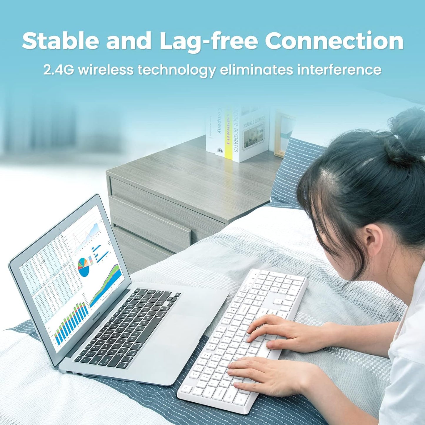 Lovaky Wireless Keyboard, 2.4G Ergonomic Wireless Computer Keyboard, Enlarged Indicator Light, Full Size PC Keyboard with Numeric Keypad for Laptop, Desktop, Surface, Chromebook, Notebook, Snow White