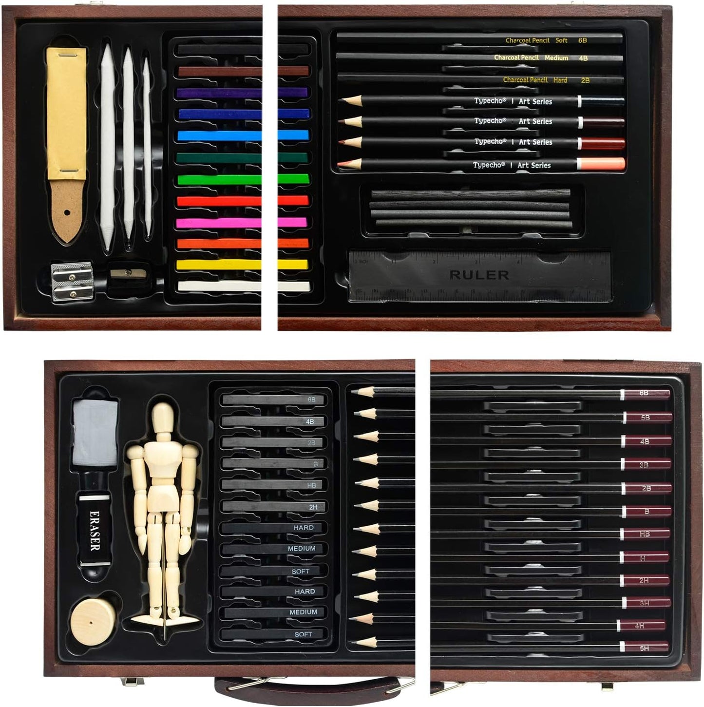 Sketching Drawing Art Set,58pcs Professional Wooden Artist Kit with Sketchbook,Complete Sketching,Charcoal Pencils and Tools,Ideal for Teens,Kids,Adults,Artists,Beginners(Wooden Case-58pcs)