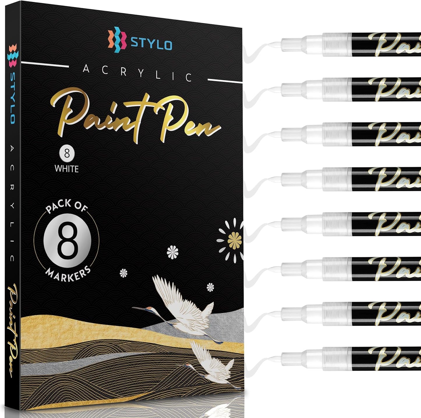 Stylo 8 Count Acrylic Metallic Pens - White Paint Pens - Fine Tip Permanent Acrylic Metallic Paint Markers for Rock Painting, Glass, Wood, Ideal for Arts and Crafts (Pack of 8, White)