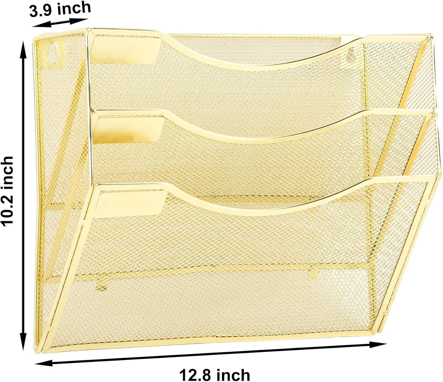 EASEPRES 3 Pocket Mesh Hanging Wall File Organizer, Wall Mounted Mail Paper Document Folder Holder, Clipboard Storage Organization Magazine Rack with Nametag Label for Office Home School, Gold