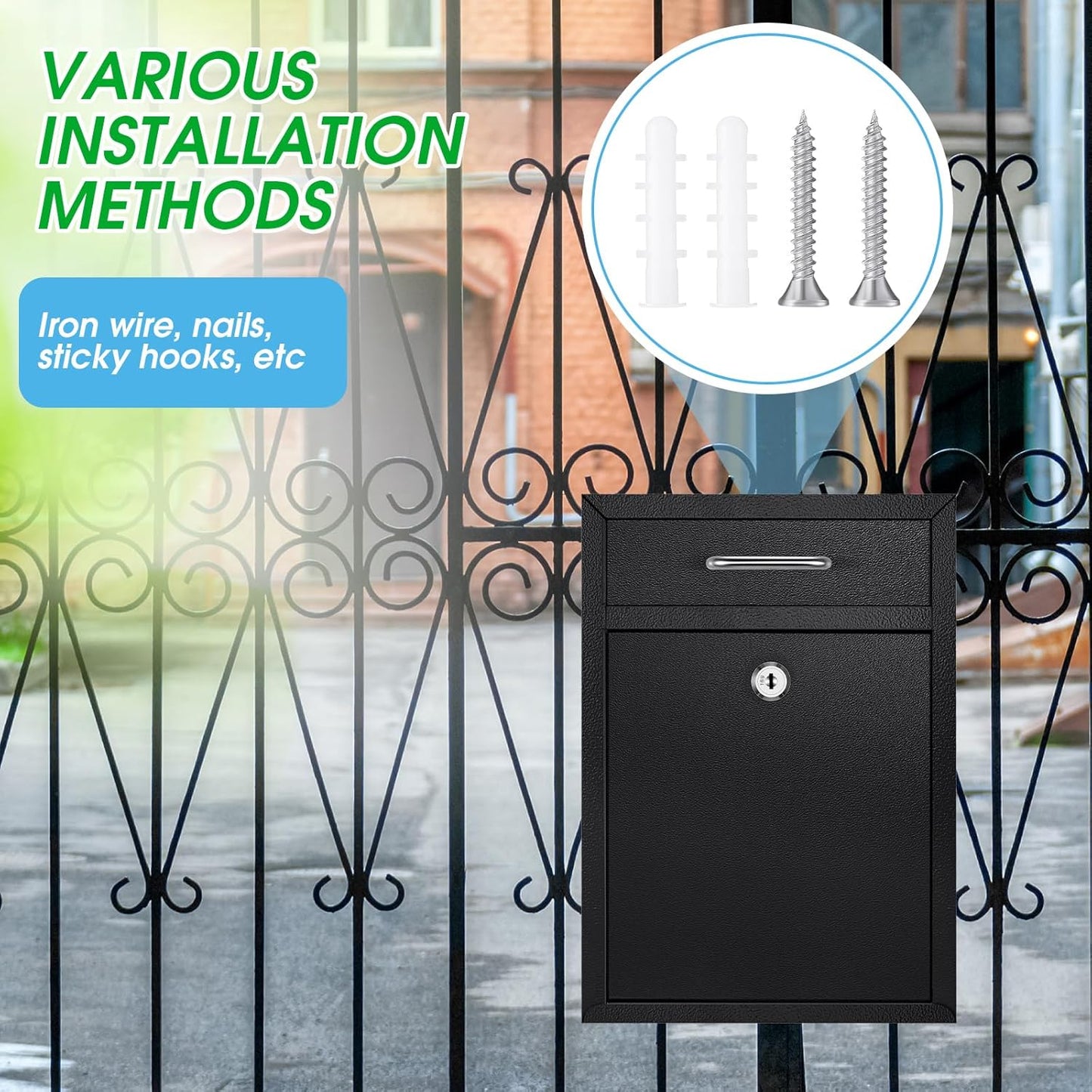 Locking Mailbox with Key for Outdoor 12.2 x 8.5 x 3 Inches Large Wall Mount Mail Box with Lock Security Mail Drop Metal Collection Boxes Hanging Secure Postbox(Black)