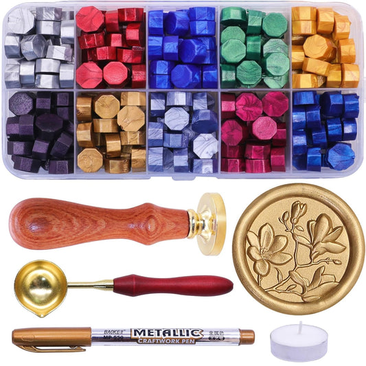 SWANGSA 3D Magnolia Wax Seal Stamp Kit with 200pcs Sealing Wax Beads, Great for Embellishment of Wedding Invitations, Wine Packages, Gift Wraps