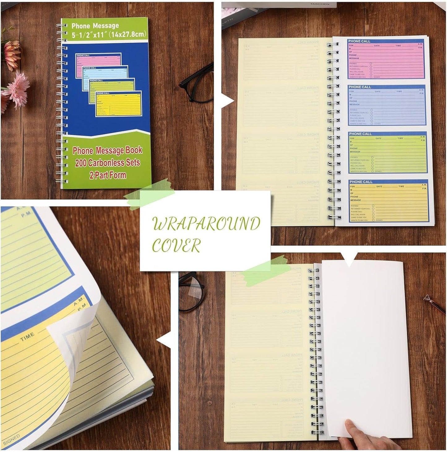 Sinmoe 1 Pcs Spiral Bound Phone Message Book with Carbon Copy 5-1/2" x 11" 2 Part Colorful Carbonless Telephone Message Pads Duplicate Spiral Phone Call Log Book for Business Office