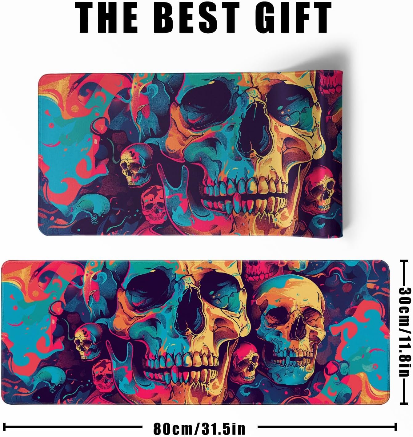 Desk Mat Psychedelic Desk Accessories Skulls Extended Gaming Mouse Desk Pad Decorations for Office Keyboard Mousepad Mat31.5x11.8in, Stitched Edge Non-Slip Bottom Large Mouse Pad